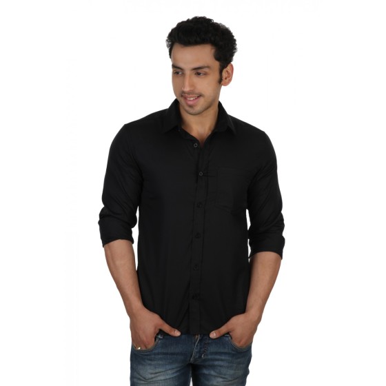 The all Black Slim Fit shirt you have been waiting for. This is the most  essential part of any guy's wardrobe. Black Slim Fit shirt with matching buttons is the perfect partywear for men. Long Sleeves with square cuffs and single chest pocket.   Color: Black  Fabric: 100% Mill Made Cotton Fit: Slim Fit with Long Sleeves Button: Black Buttons with matching black thread.