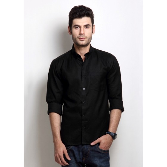 Summer Calls for Linens. Black Linen Shirt for guys . Black Regular fit shirt with matching buttons is perfect for hot summers. Long Sleeves with square cuffs and single chest pocket.   Color: Black  Fabric: 100% Linen Fit: Regular Fit with Long Sleeves Button: Black Buttons with matching black thread.